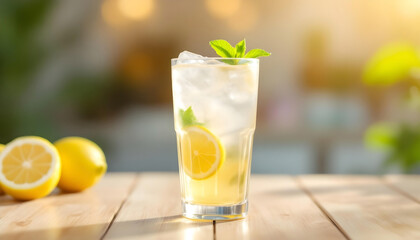 Fototapeta premium Fresh summer lemonade with citrus slice and mint served in ice filled glass with natural daylight