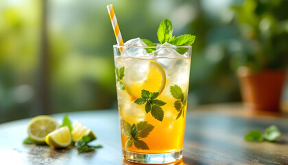 Fototapeta premium Clear glass of lemon mint beverage with ice in a sunlit summer setting on a wooden table