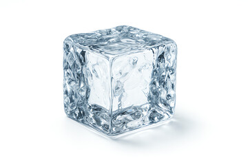 A single ice cube with crystal-clear clarity resting on a clean surface, reflecting light beautifully
