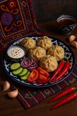 Delicious dumplings served with fresh vegetables and garlic on a decorative plate with a colorful cloth