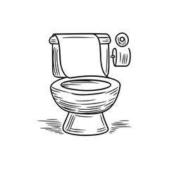 Sketch of a toilet with toilet paper roll and towel on top  