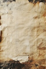 Aged, torn parchment paper with frayed edges and dark burnt marks, evoking a vintage or antique feel.