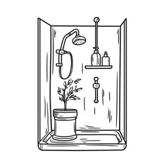 Shower with plant and bottles in minimalist design  