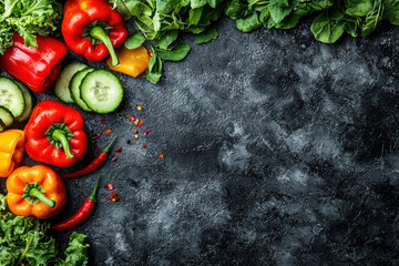 Fresh vegetables like bell peppers, cucumbers, and greens