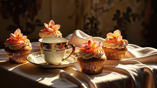 Elegant cupcakes and tea cup on a soft fabric background  