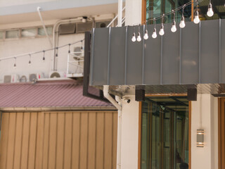Low angle view, roof corner of shop food with gutters. blurred background and no people