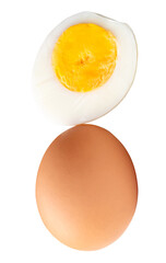 Top view of raw chicken egg and cooked or boiled egg with egg yolk in half isolated on white background with clipping path