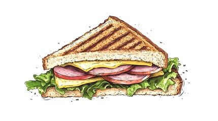 Hand-drawn illustration of a grilled cheese sandwich with ham and lettuce.