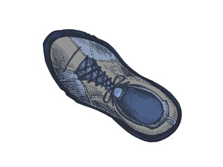 Hand drawn vintage colored sketch of hiking boot for trekking, mountain adventure and outdoor travel isolated