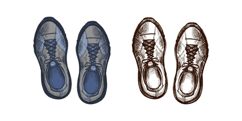 Hand drawn vintage colored and black sketch of hiking boots pair for trekking, outdoor travel and mountain adventure isolated