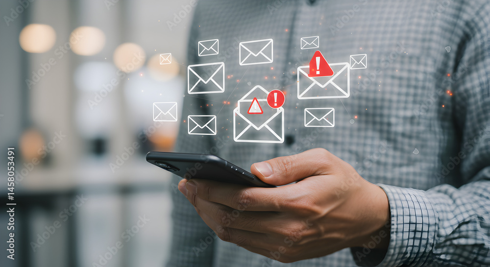 Poster person using smartphone with email notifications against bokeh background