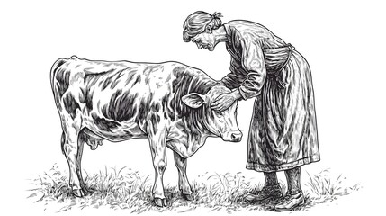 Engraving of a woman and a cow in a rural scene.