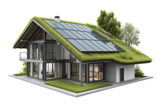 Eco-friendly house with a green roof and solar panels, symbolizing sustainable living and green architecture