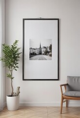White wall, framed poster mockup, hanging clips, home setting,  home decor, poster mockup,  design