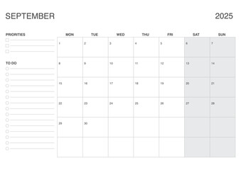 September 2025 A4 Monthly Calendar, Dated SEPTEMBER Planner