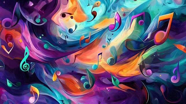 Vibrant musical notes swirl in a colorful abstract design.