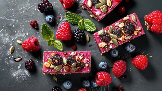 Delicious and healthy raw vegan cakes topped with a variety of colorful fruits, nuts, and seeds. Slices of refreshing and nutritious dessert for a guilt-free indulgence.