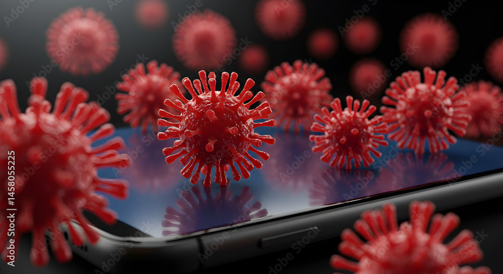 Poster red virus cells scatter on a black smartphone screen in 3d render against dark background with focus