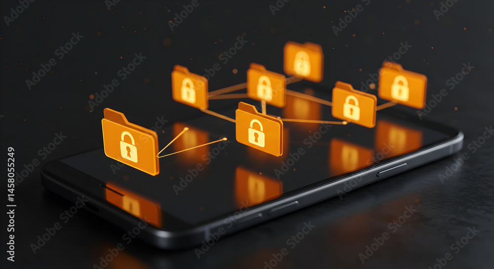 Poster secured data sharing orange folders on smartphone conceptual rendering on dark background