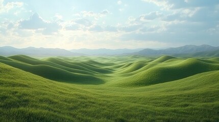 Obraz premium Rolling Green Hills Under a Soft Blue Sky with Distant Mountains on the Horizon in Summer