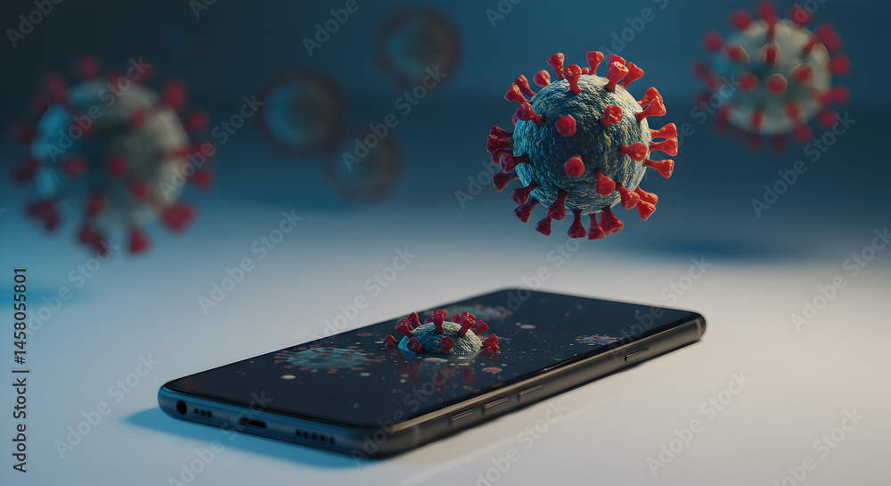 Poster smartphone covered in red virus particles on grey surface with blurred virus background representing