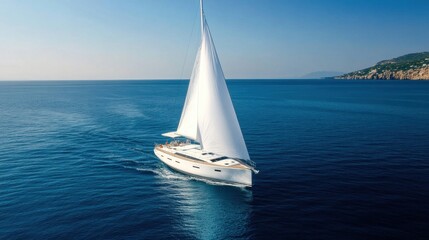 Fototapeta premium White yacht sailing in the open sea with a scenic coastline in the background under a clear blue sky.