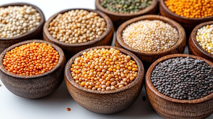 Assortment of whole grains and legumes in wooden bowls