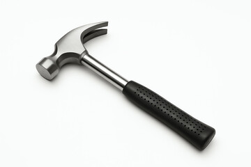 A close-up view of a metallic hammer with a black rubber grip isolated on a white background, perfect for illustrating tools, construction, and craftsmanship concepts.
