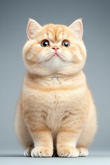 Adorable ginger tabby cat with round face, sitting calmly against a neutral background.