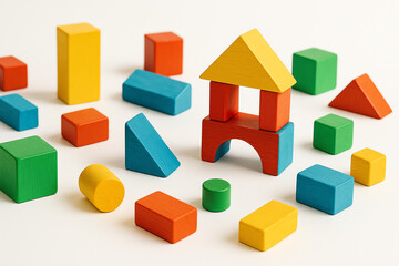 Obraz premium Colorful geometric wooden building blocks scattered on a surface, showcasing creativity and imagination