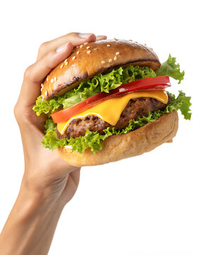 hand holding a hamburger isolated on white background, PNG