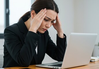A woman in a black blazer sitting at a desk with a laptop holding her head with her hands looking down