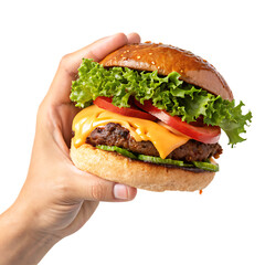 hand holding a hamburger isolated on white background, PNG