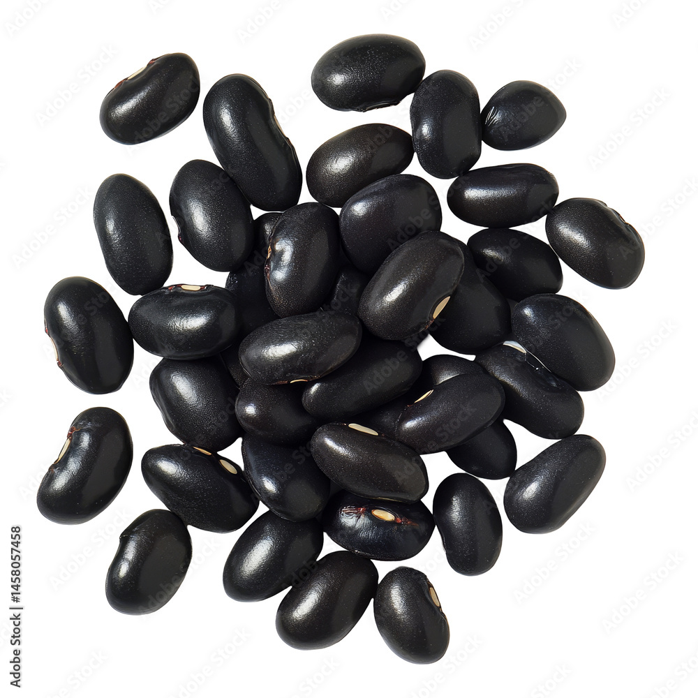 Poster a collection of black beans neatly arranged on a transparent background for culinary use and present
