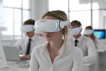 Students wearing VR headsets in a modern, technology enhanced learning environment.