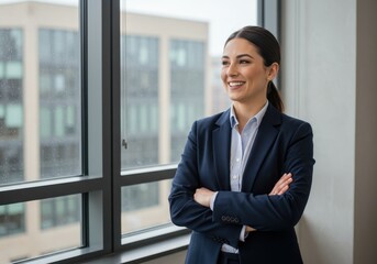 Portrait of a smiling businesswoman in a suit standing by a window with arms crossed looking outward