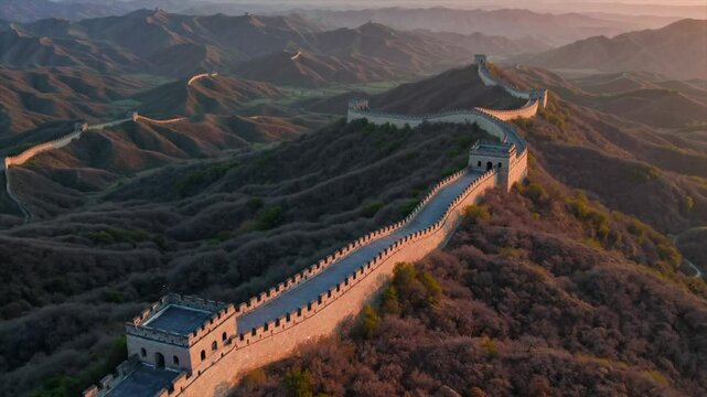 CGI drone aerial view of the Great Wall of China, highlighting its historic significance and the stunning mountain landscapes that surround this ancient landmark.