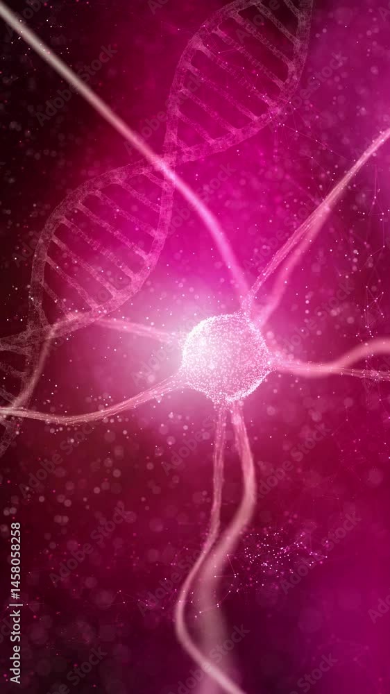 Poster shining violet red 3d neuron cell vertical animation background.