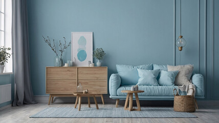 Obraz premium natural lighting baby blue interior home photography with plush bed couch wooden table soft light styling calm elegant modern decor mockup minimalist Contemporary Scandinavian Interior