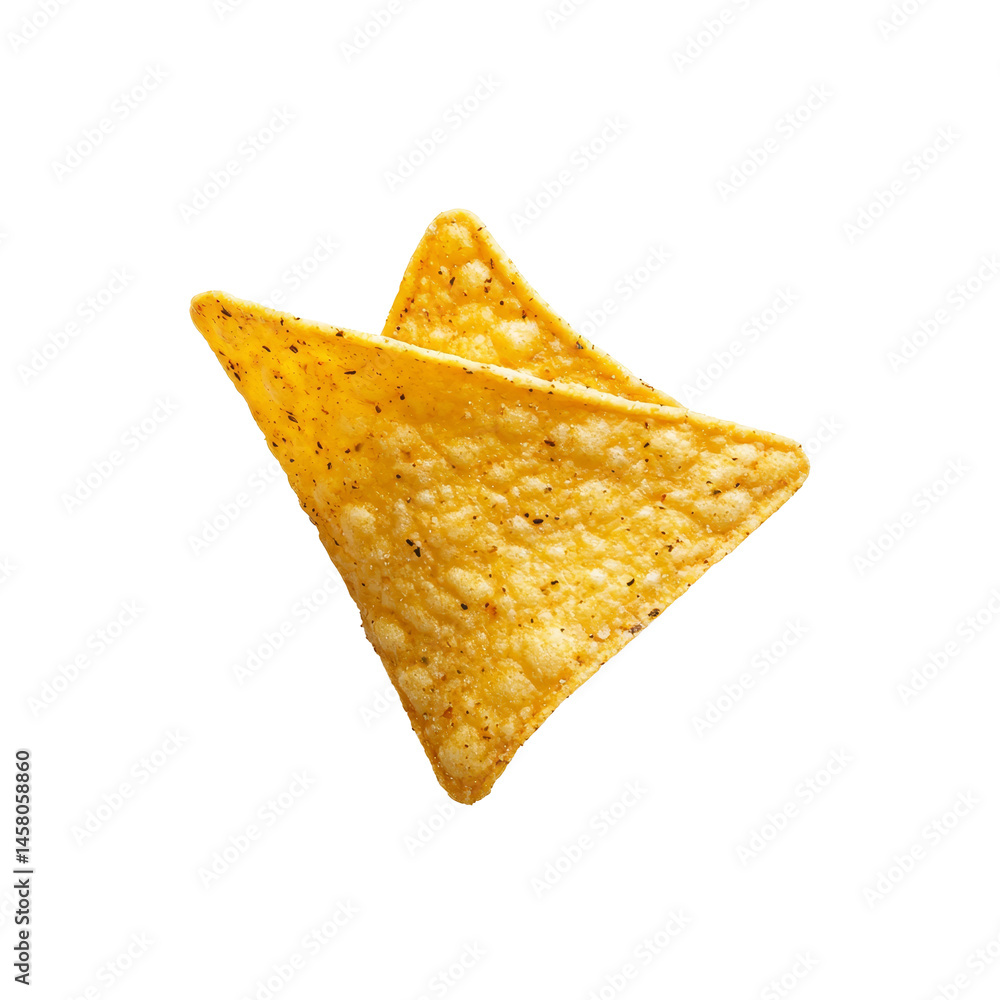 Poster a single nacho chip positioned on a transparent background showcasing its texture and shape in detai