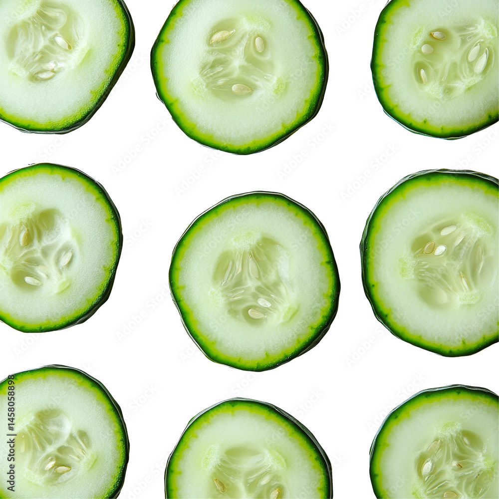Poster fresh cucumber slices arranged in an attractive pattern on a transparent background for culinary pre