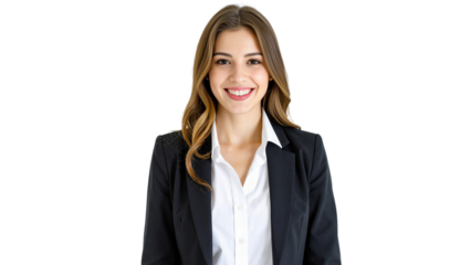 Portrait of an attractive, smiling, young and beautiful businesswoman. She is dressed in a sleek, elegant white suit paired with a stylish black blazer. PNG file