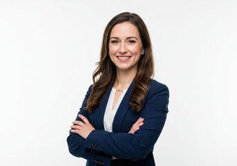 Portrait of a smiling woman in a blue blazer with arms crossed against a white studio background