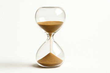 A close-up of a classic glass hourglass filled with fine sand. This timeless symbol represents the passage of time, patience, and the importance of managing one's time wisely.