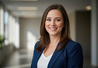 Portrait of a smiling woman in a blue blazer standing in a bright hallway with plants visible nearby