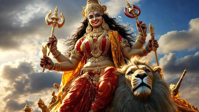 Hindu goddess riding lion