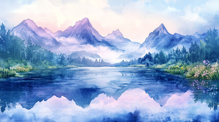 Winter Landscape with Snow-Covered Mountains, watercolor landscape Serene with Calm Waters, Peaceful mountain lake reflecting water, Beautiful view of lake and mountains in the morning.