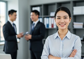 Smiling woman in office with arms crossed and two men in suits discussing business in the background