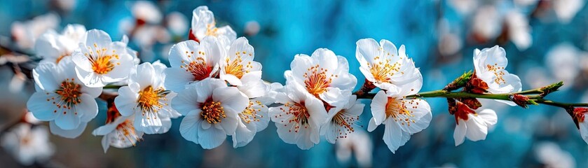 Blossoming apricot tree branches against sunlight and peaceful sky concept. Beautiful blooming cherry blossom branch against a vibrant background.