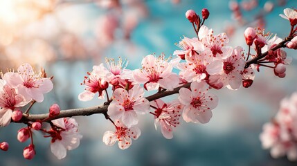 Fototapeta premium Blossoming apricot tree branches against sunlight and peaceful sky concept. Beautiful pink cherry blossoms on a branch in soft sunlight.